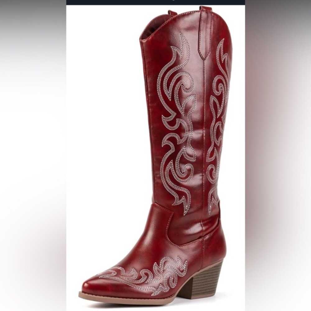 Red Embroidered Heeled Boots - Picture 2 of 8